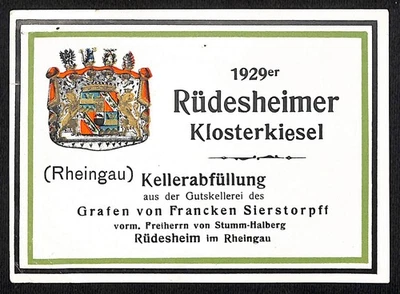 German Rüdesheimer Klosterkiesel Wine Label 1929 w/ Gold Ink (#1) - Image 1 of 2
