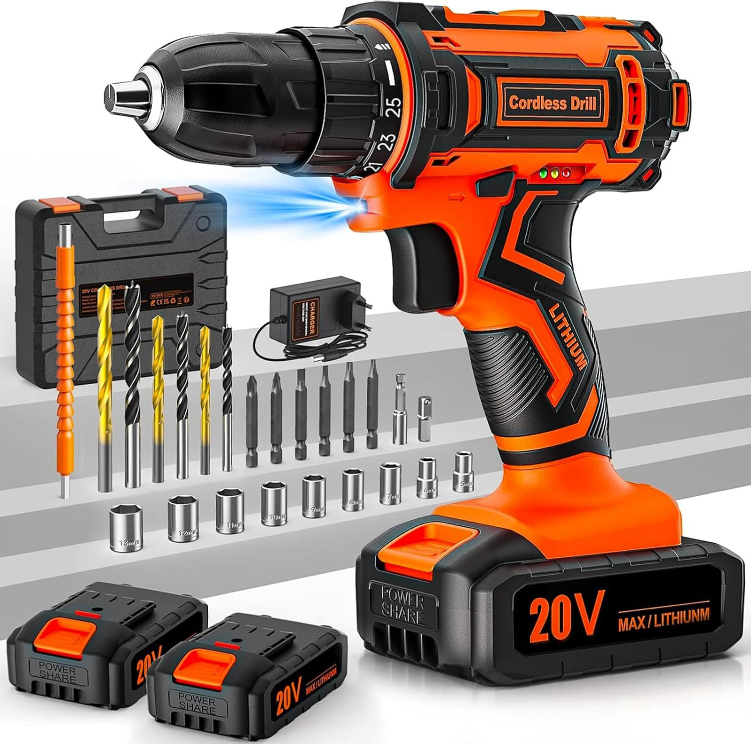 Trapano Avvitatore a Batteria 20V, 2 Batterie 2.0Ah, Max 42Nm, 25+1 Impostazione
