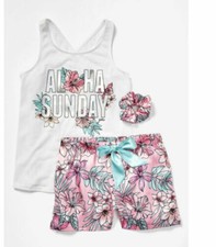 Justice Pajama Set Girls Sz 8 "ALOHA" with Silky Shorts, Top ,  Hair Tie NWT