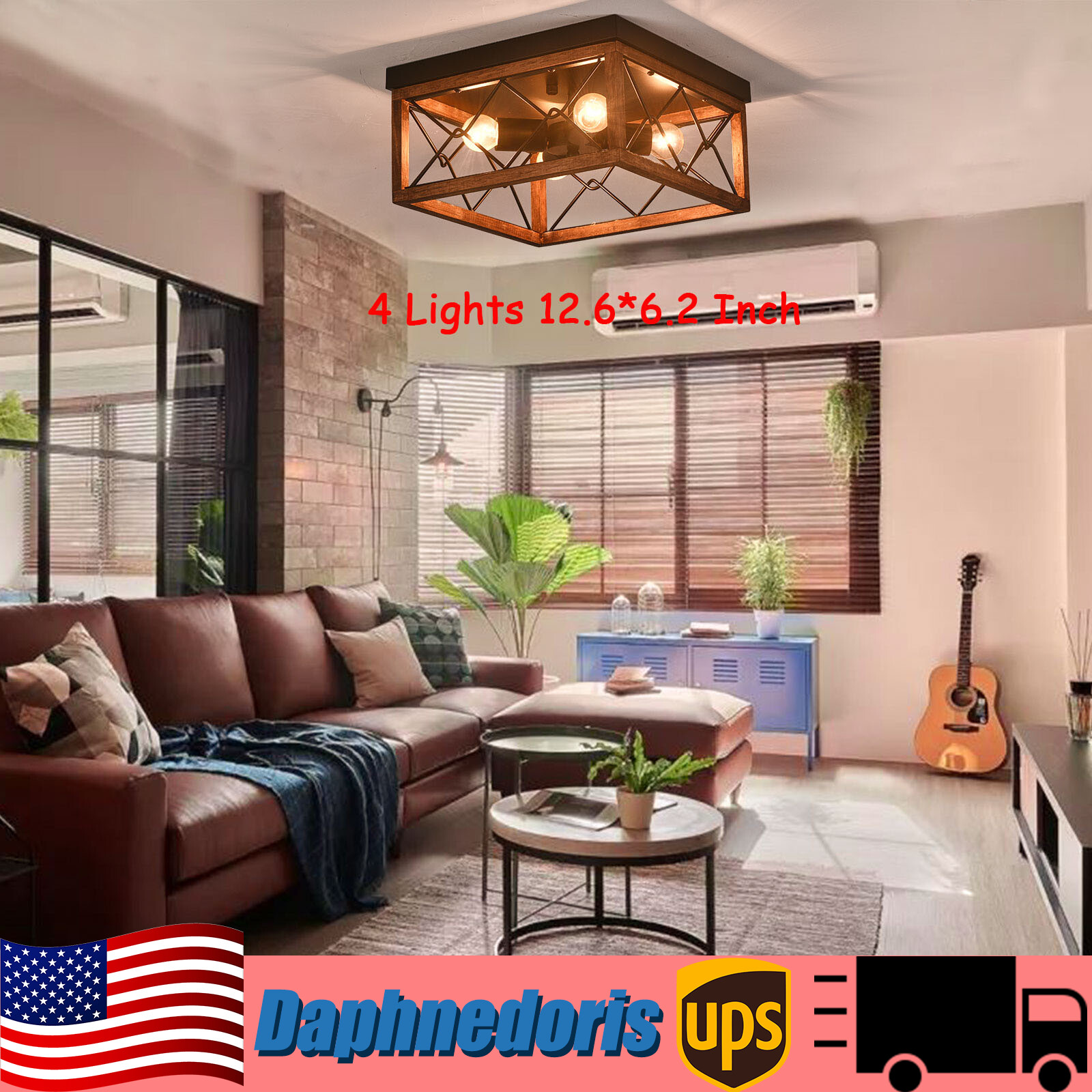 4-Light Farmhouse Flush Mount Light Fixture Rustic Industrial Ceiling Light NEW