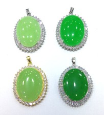 Genuine Green Jade Luck Oval Drop 18KGP Crystal Flower Pendant Necklace Women