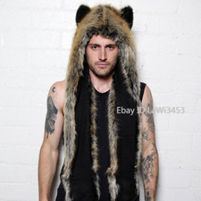 Hood Hat Ear Flaps Gloves 3in1 Animal Hat Wolf Plush Warm Adult Hat Scarf Gloves