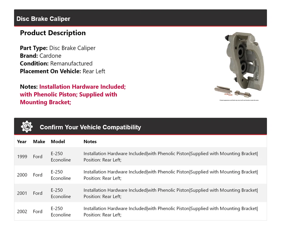 Pinza de freno de disco trasera izquierda Cardone 2000 para Ford E-250 Econoline 1999-2002 Foto 2 de 4