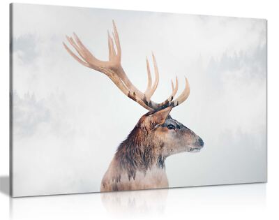 Gerahmtes Leinwandbild Hirsch in einem nebligen Wald Wandbild Wohndeko