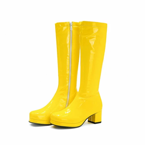 Women Knee High Gogo Retro Boots Patent Leather Paltform Block Heels Party Shoes - Imagen 20 de 23