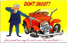 Postcard Humor Man Shoots Pistol Car Martine Art B181