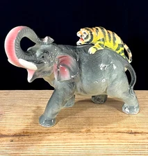 Vintage Lipper & Mann Porcelain Elephant Tiger Figurine Japan c. 1950