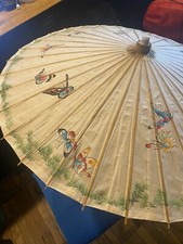 Vintage Asian Rice Paper Bamboo Parasol Umbrella Hand Painted Butterfly