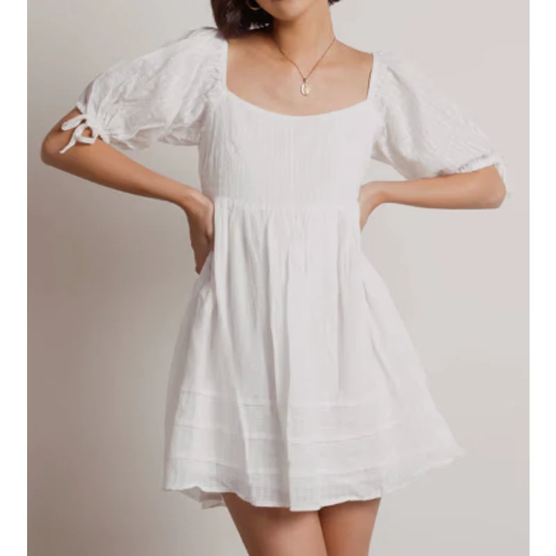 Showpo Puff Sleeve Babydoll Mini Dress US 8 White Open Back Gauzy