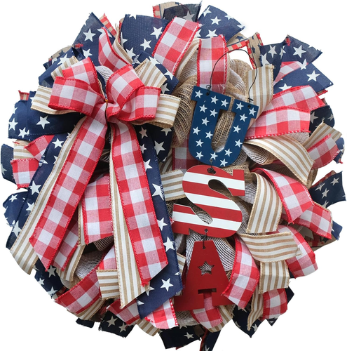 16 Inch Independence Day Patriotic Wreath for Front Door, Red White and Blue Sum