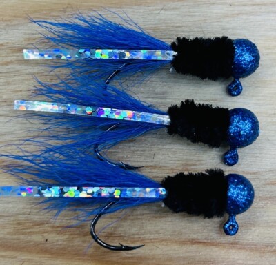 3 Pack 1/16oz Crappie Hair Jigs – #4 Nickel Sickle Hooks – Blue/Black – Made In USA
