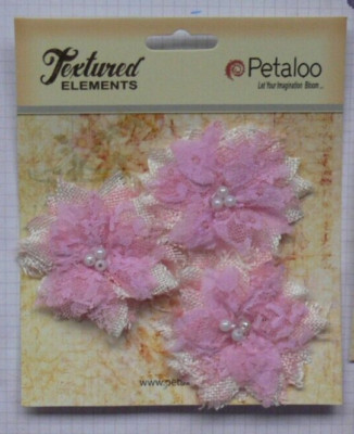 Burlap & Lace PINK Textured 3 x 6cm Flower Pk Tri-Pearl Centre Petaloo K