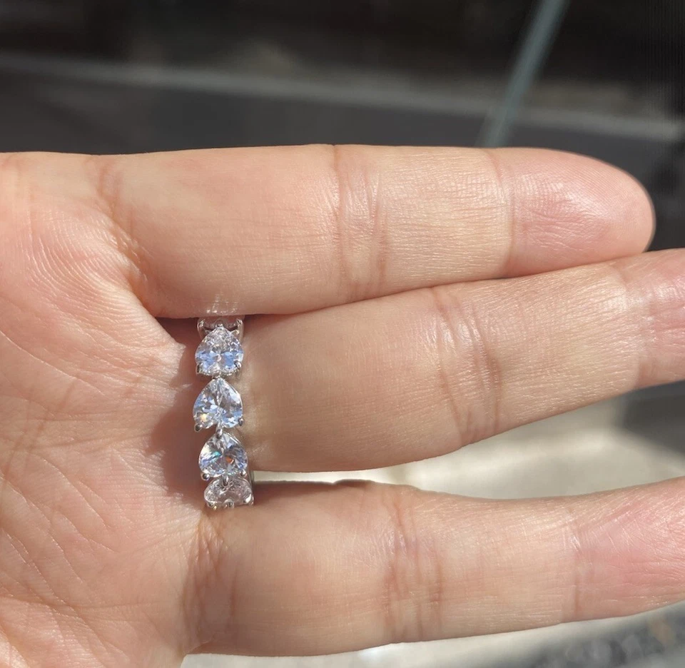 925 Silver PINK Heart Cut Created Diamond Eternity Band white Gold - Image 4 of 4