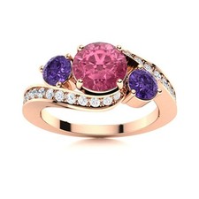 5MM Round Pink Topaz  Amethyst 925 Sterling Silver Rose Plated Three Stone Ring