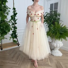 Vintage Pastoral Cream Tea-Length Prom Gown Off-The-Shoulder Red Cherry Beads