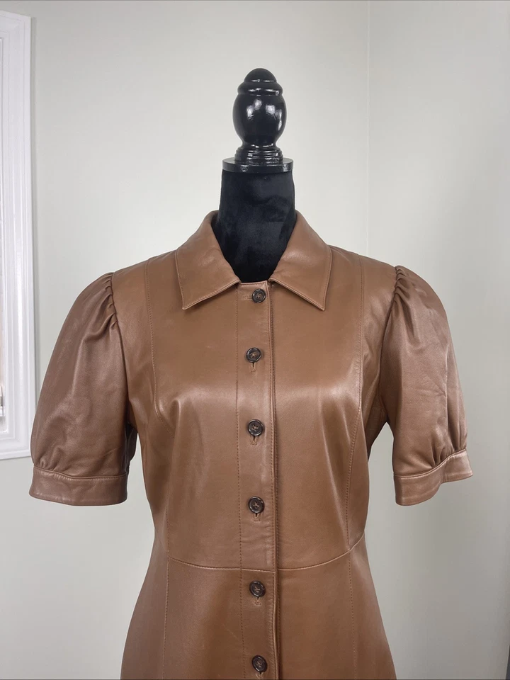 Elegante Vestido Antonio Melani Marrón Abotonado Cuero Genuino Talla 10 Foto 2 de 4