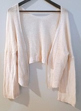 Women's Cream Loose Knit Cardigan Open Front Cropped Sweater M L XL