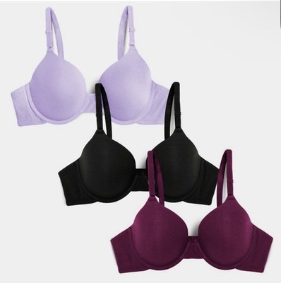 Fruit of the Loom Women's T-Shirt Bra 3 Pk Lilac Whisper/Purple/Black SZ 36D New