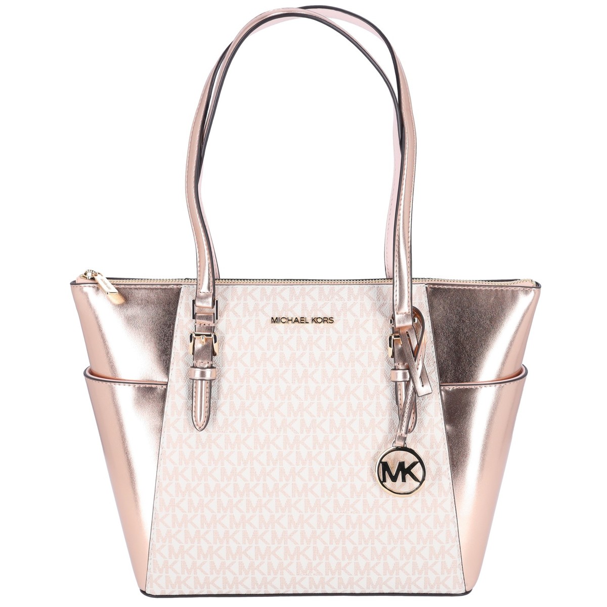 Michael Kors Charlotte Large Signature Logo Metallic Top Zip Tote