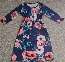 Girls Navy Pink Floral A-Line Knee Length Dress 110 3/4 Sleeve Elastic Waist