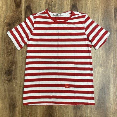 Acne Studios Striped Designer T-shirt Red White Cotton Face Patch Women Medium