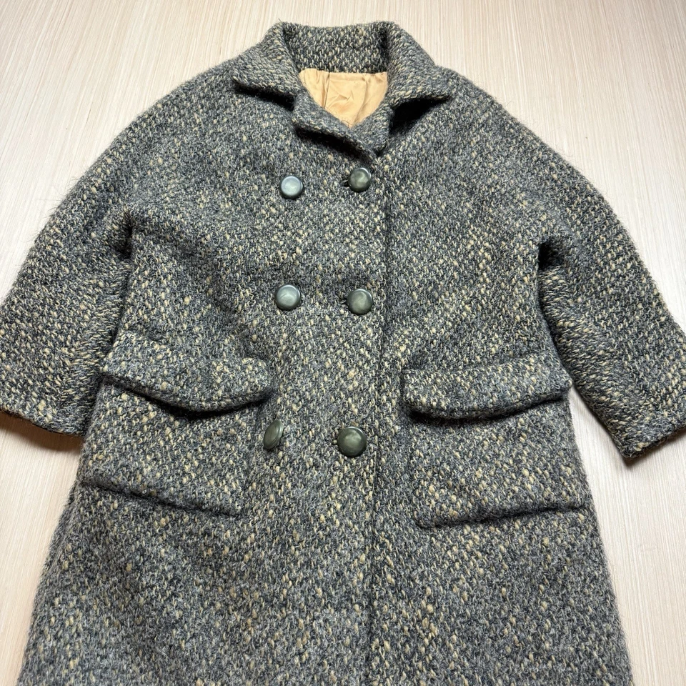 Vintage 60s Tweed Double Breasted Coat XL Overcoat Top Swing Trench Atomic Fleck - Image 2 of 4