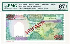 Central Bank Sri Lanka 1000 Rupees 1987 Specimen Printer s Design PMG  67EPQ