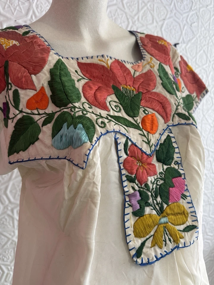 Top antiguo mexicano bordado vintage-floral-china poblana-folk-blusa-seda Foto 3 de 4