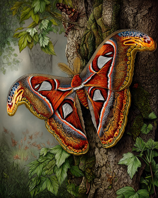 8x10 Atlas Moth wings spread on bark - foggy forest - orange - moss - 660789922