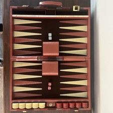 Vintage Aries Of Beverly Hills Backgammon Set Brown, Red Gray Plaid COMPLETE