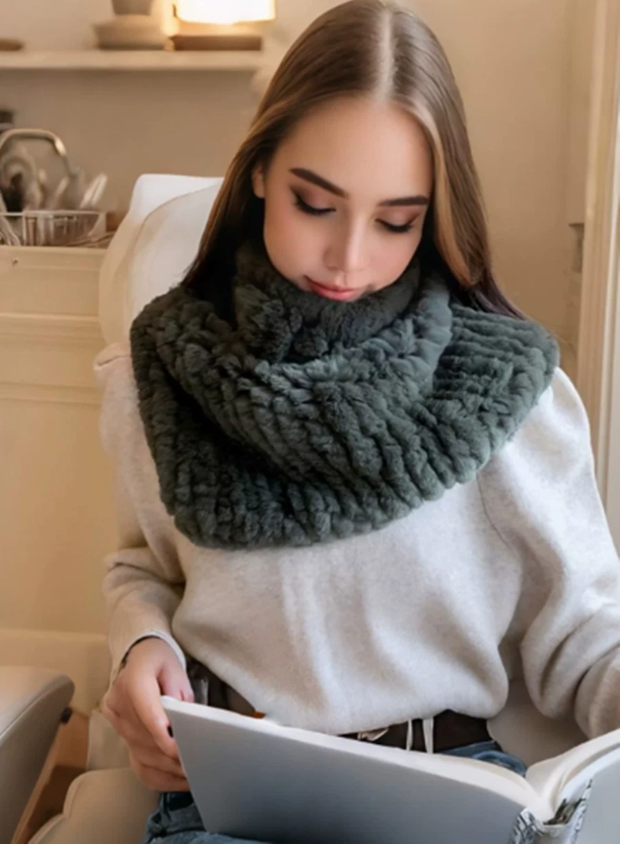100% Real Rabbit Fur Scarf Knitted Neck Warm Collar Scarves Wraps Winter Women's