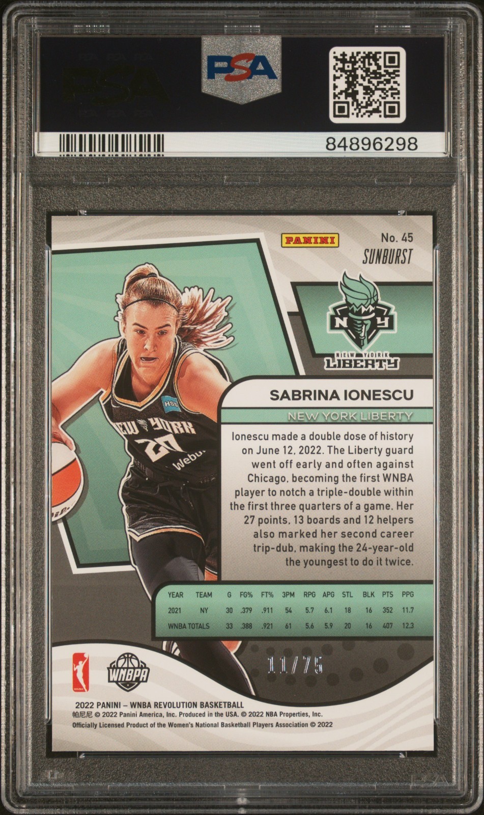 2022 Panini Revolution WNBA Sabrina Ionescu #45 SUNBURST /75 PSA 10 view 2