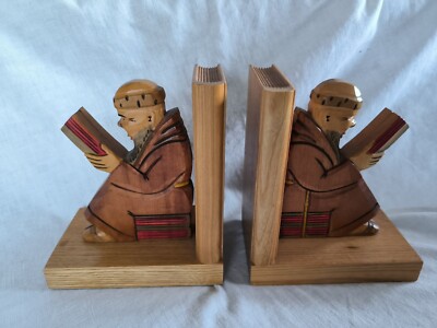 Vintage Buchstützen Holz lesender Mönch Mid Century 13,5 x 16 x 8 cm 