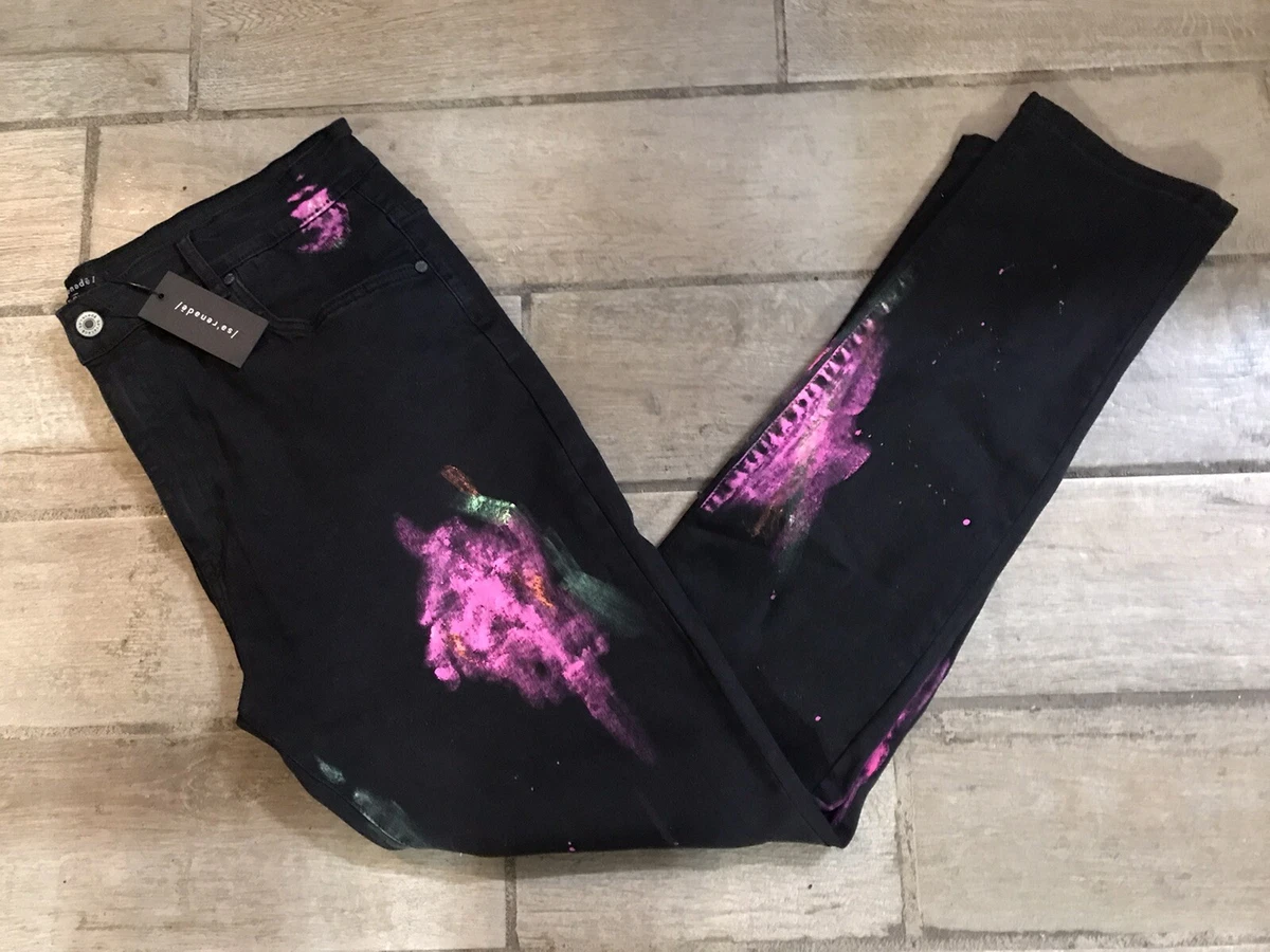 Serenede Eternal Lotus Paint Splatter Jeans Black Purple Green Mens Sz 40