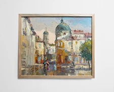 Oil painting Lviv Ukrainian painter paper Framed original cityscape decor art