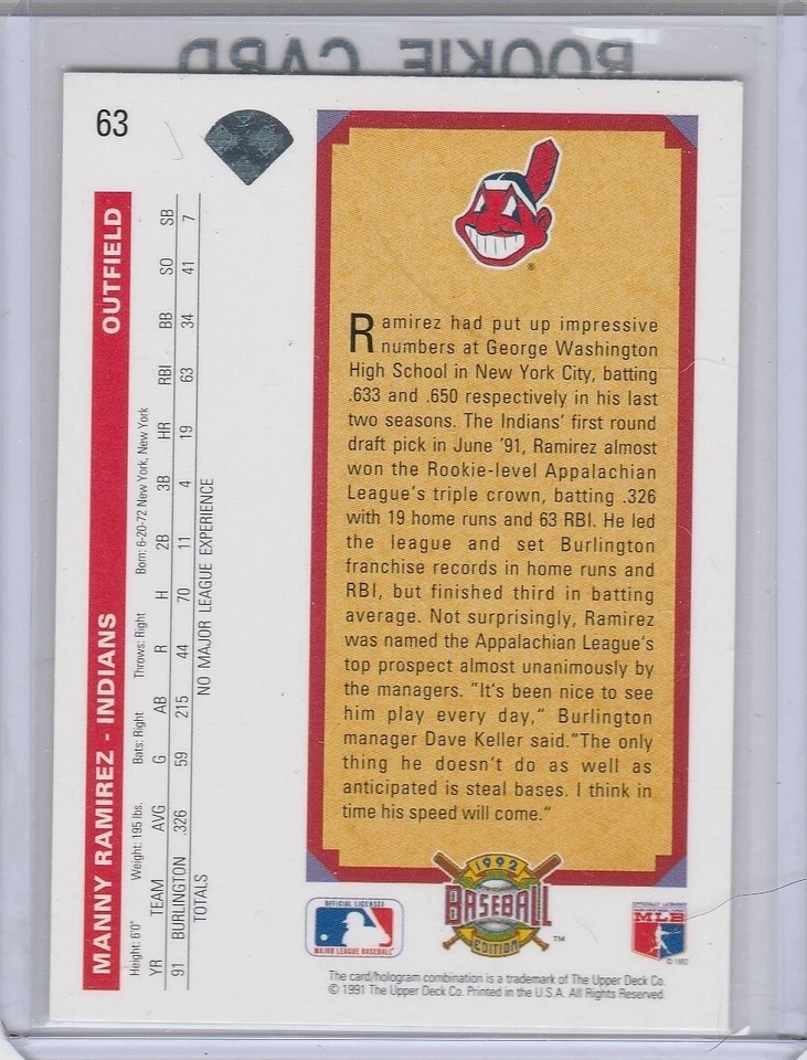 MANNY RAMIREZ ROOKIE CARD Upper Deck Baseball RC Cleveland Indian BOSTON RED SOX - Image 2 of 2