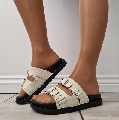 Damen-Sandalen cremefarben doppelte Schnalle Schieber klobige Sohle Sommer Slipper Freizeit