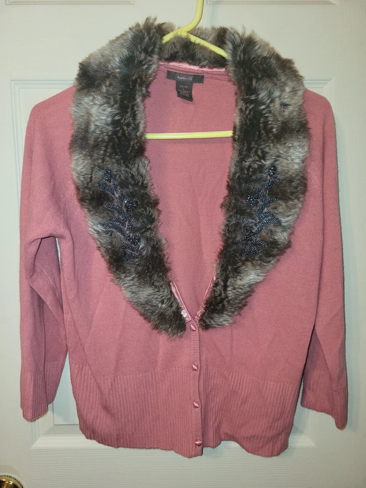 Cardigã HEATHER B removível pele sintética colarinho enfeitado suéter rosa feminino G P - Imagem 2 de 4