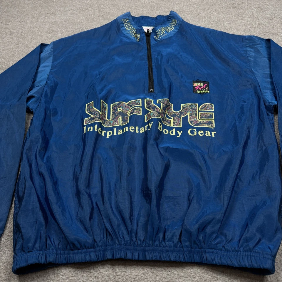 Vintage 90s Surf Style Jacket Men's Size L Blue Quarter Zip Windbreaker Surfer - Image 2 of 4