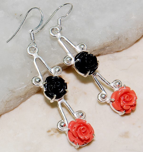 Natural Hand Carved Flower Black Onyx 925 Solid Sterling Silver Earrings @B19-3