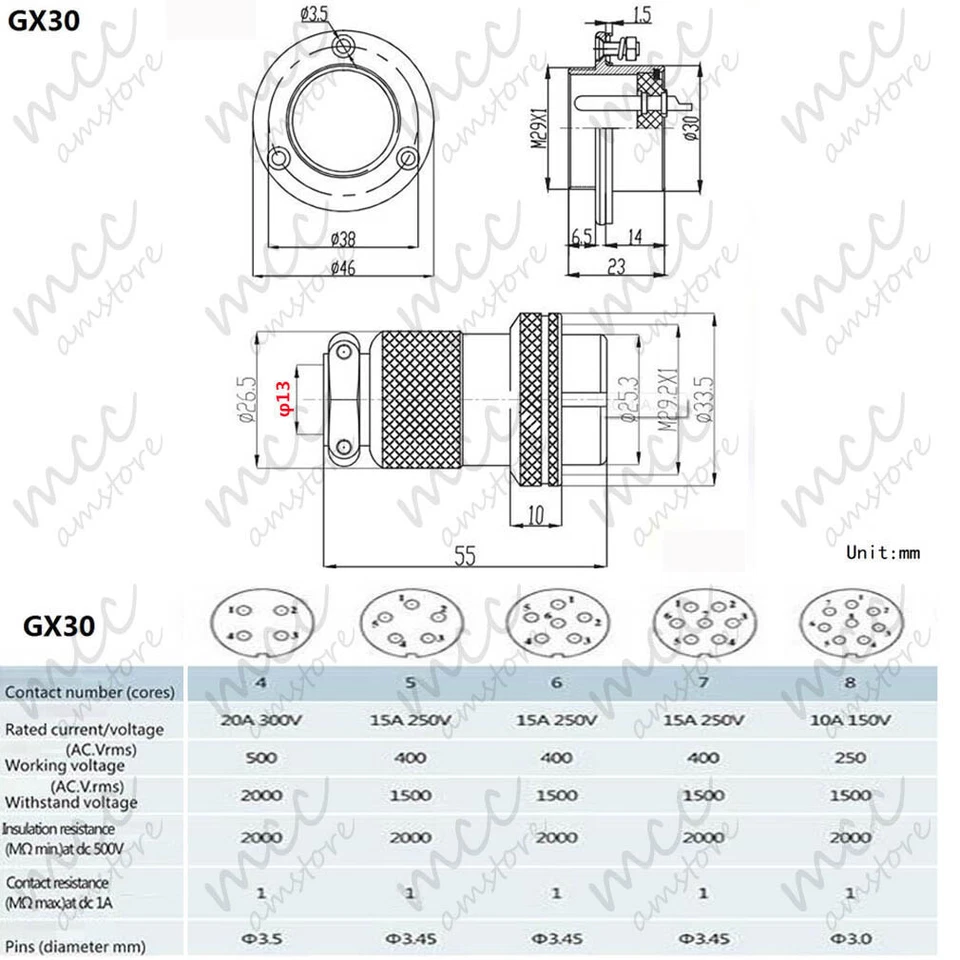 GX30 Aviation 4 5 6 7 8 pin Connector Bulkhead 3 Hole Circular Plug & Socket - Image 2 of 4
