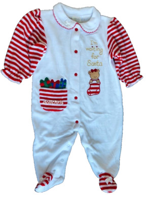 Footed Romper I'm Waiting for Santa White Velvet Velour Koala Baby 6-9M Vintage