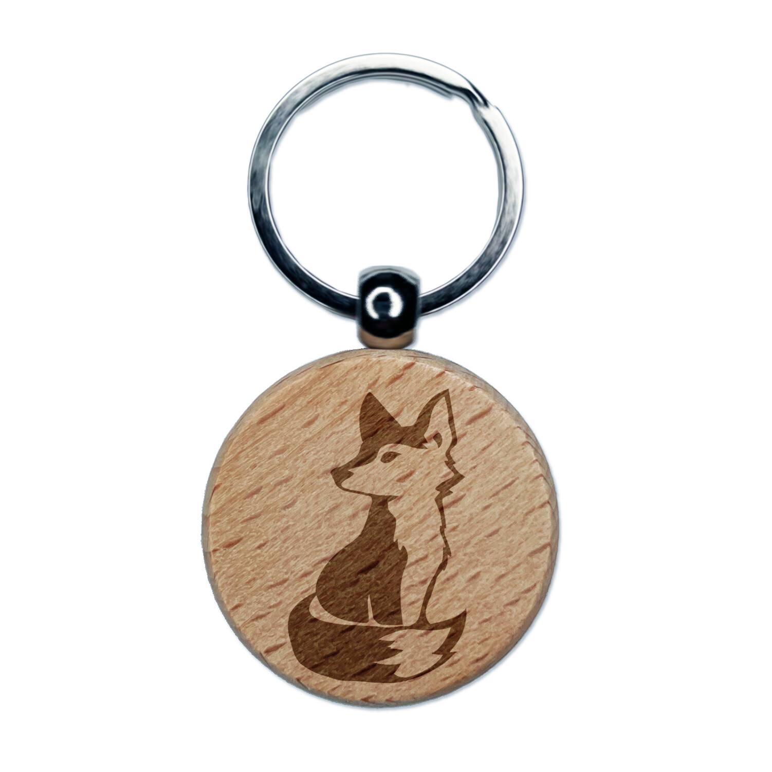 Curious Fox Engraved Wooden Keychain with Sitting Design  