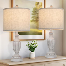 Set of 2 Rustic Grey Farmhouse Table Lamps with Linen Shade for Bedroom