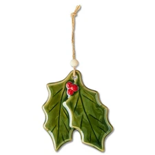 Red & Green Ceramic Holly Leaves Christmas Ornament 4.3"