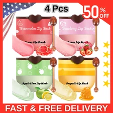 4 Pcs Bee Lip Balm Honey Pot Lip Mask & Lip Scrub Set, Honey Strawberry Watermel