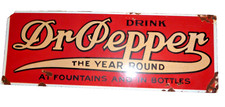 Vintage Dr Pepper Porcelain Sign The Year Round At Fountains & In Bottles 39-47