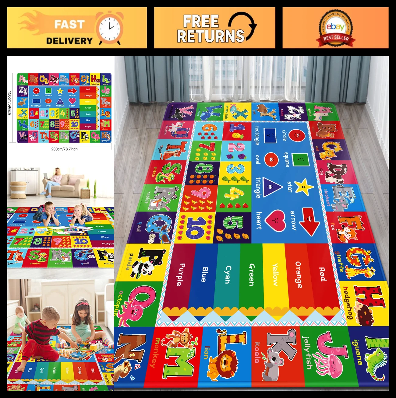 Educational Baby Play Mat Rug for Toddlers - ABC Numbers Animals, 78.7x59 Inch