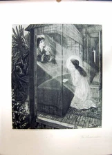 Original Old Antique Print 1896 Art Journal Annunciation Praying Girls Flowers