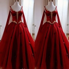 Red Satin Wedding Dresses With Cape 3D Flower Golden Lace Applique Bridal Gowns